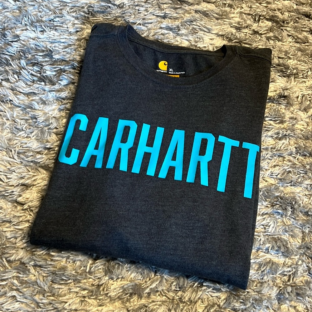 Carhartt Men's Short Sleeve Logo Tee — Black with Teal Lettering